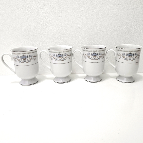 Diane by Fine China of Japan Blue Flower Scrolls - Set of 4 Footed Coffee Cups - Picture 7 of 16